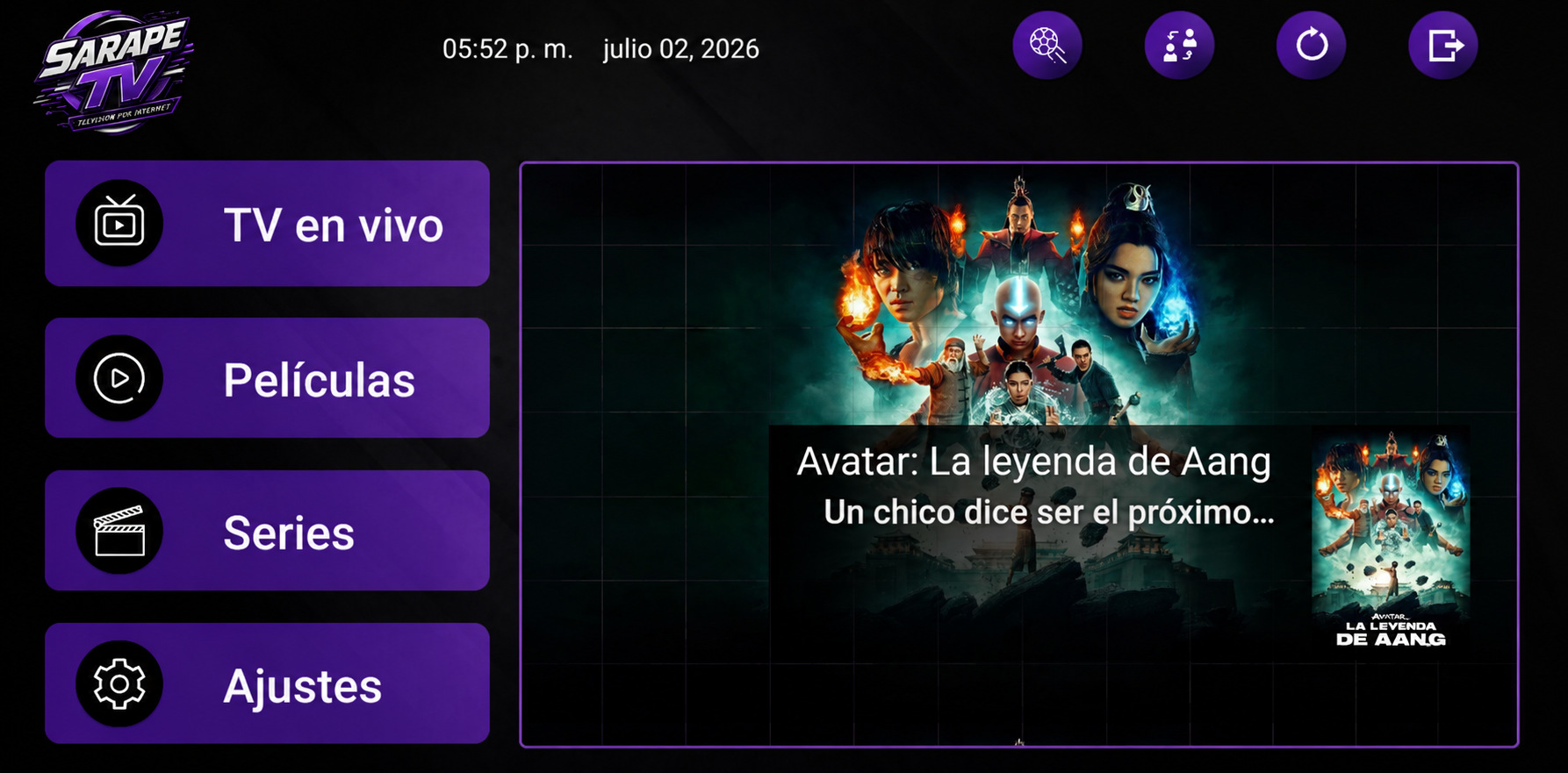 Interfaz de la aplicación Sarape TV con las secciones TV en vivo, Películas, Series y Ajustes